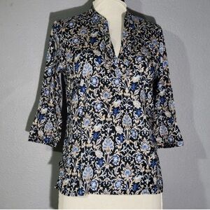 Talbots Blue Floral V-Neck Blouse 3/4 Sleeve Women’s Small